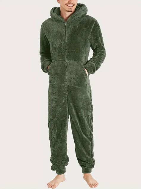 Onesie Pajamas For Men Fuzzy Fleece Hooded Zipper Jumpsuits - Temu Mens Dress Jackets, Jumpsuit Winter, Thermal Pajamas, Lingerie Plus Size, Overall Jumpsuit, Jackets Men Fashion, Fleece Pajamas, Top Plus Size, Mens Pajamas