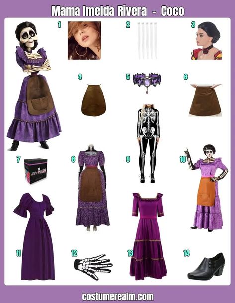 How To Dress Like Mama Imelda Rivera Guide For Cosplay & Halloween Mama Imelda Costume, Coco Mama Imelda, Coco Costume, Victorian Aprons, Costume Guide, Purple Gothic, Skeleton Halloween Costume, Spanish Dancer, Fancy Dress Costume