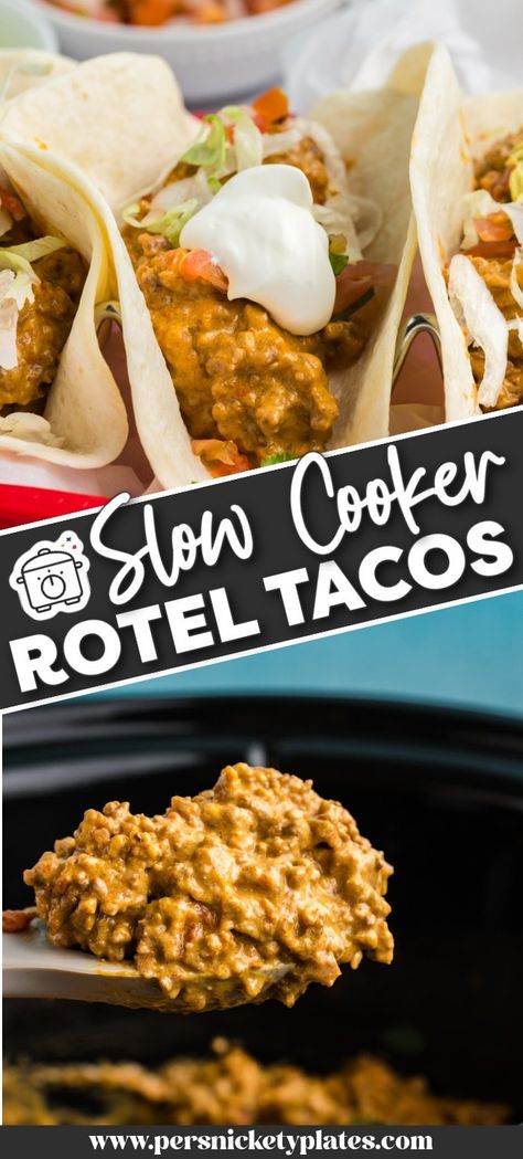 Slow cooker Rotel tacos are stuffed with a cheesy, beefy filling with plenty of Rotel tomatoes slow-cooked until warm and flavorful. This quick and easy meal is a fun twist on your traditional taco recipe! Rotel Tacos Ground Beef, Taco Recipes Crockpot, Taco Crockpot Recipes, Crock Pot Taco Meat, Taco Crock Pot, Rotel Tacos, Slow Cooker Taco Meat, Crockpot Tacos, Crockpot Taco Meat