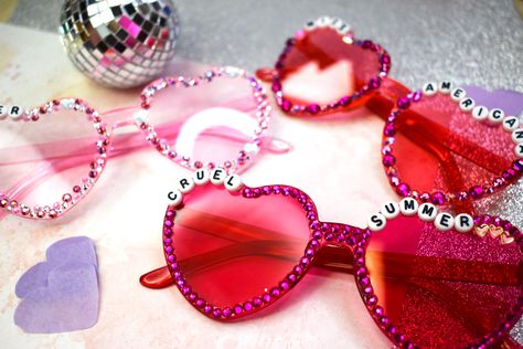 Handmade rhinestoned color sunglasses made for Taylor Swift’s Lover Album. Accessories for The Eras Tour. Glasses say “Lover”, “Miss Americana”, and “Cruel Summer” and are available for sale on Etsy. Eras Tour Lover Accessories, Midnights Outfit, Swiftie Party, Swiftie Birthday, Eras Tour Lover, Disco Birthday Party, Guts Tour, Taylor Swift Tour Outfits, Lover Era