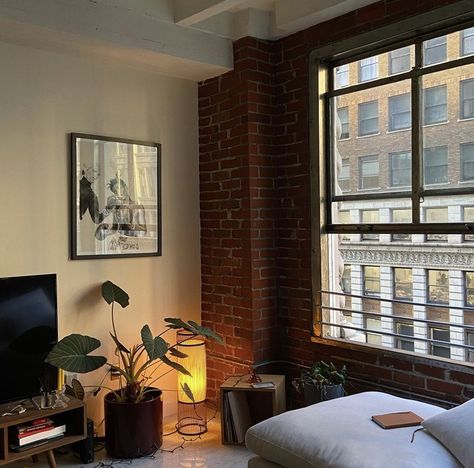 Old New York Aesthetic Interior, Loft Apartment Spiral Staircase, Messy New York Apartment, Sophia Kelly Apartment, Nyc Brick Apartment Aesthetic, Apartment Aesthetic Los Angeles, Nyc Brick Apartment, Men’s Apartment Aesthetic, Brick Wall Apartment Aesthetic