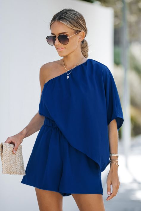 One Shoulder Romper, Royal Blue Romper, Summer Bodysuits, Off Shoulder Romper, Romper Shorts, One Piece Clothing, Short Playsuit, Blue Romper, Clothing Care