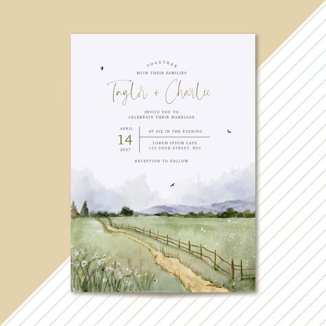 Free Vector | Wedding invitation with beautiful field landscape watercolor Free Printable Wedding Invitation Templates, Invitation Poster, Beautiful Field, Field Landscape, Invitation Flyer, Bird Watercolor, Watercolor Poster, Landscape Watercolor, Watercolor Plants