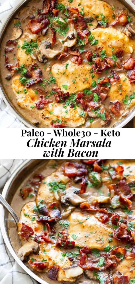 This one-skillet paleo chicken marsala is loaded with flavor!  Juicy chicken, a creamy mushroom sauce and crispy, savory bacon make this a recipe you’ll want in your dinner rotation!  It’s dairy-free, gluten-free, Paleo, and Whole30 compliant. #whole30 #paleo #keto Paleo Chicken Marsala, Dinner Rotation, Whole30 Keto, Whole30 Dinners, Whole 30 Diet, Recipes Paleo, Creamy Mushroom Sauce, Chicken Marsala, Recipe 30