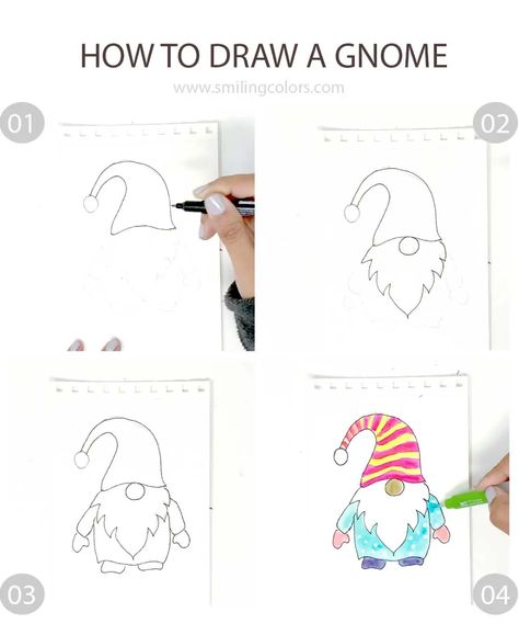 Gnome Drawing, Christmas Knomes, Easy Drawing Step By Step, Easy Drawing Steps, Mushroom Drawing, Drawing Step By Step, Diy Gnomes, Gnomes Crafts, Drawing Tutorial Easy