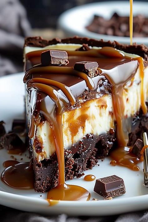 Caramel drizzled over a creamy brownie cheesecake Caramel Brownie Cheesecake, Cheesecake Ingredients, Cheesecake Layer, Brownie Cheesecake, Box Brownies, Caramel Brownies, Caramel Topping, Cheesecake Brownies, Springform Pan