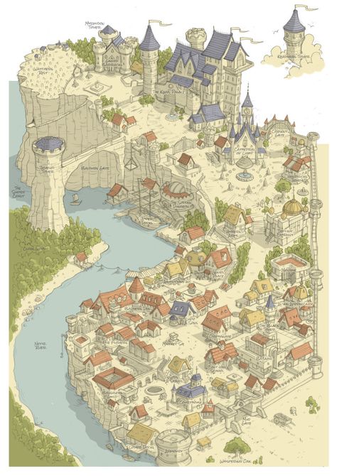 Baldur's Gate isometric perspective Cliffside Town Fantasy Art, Fantasy Town Layout, Fantasy City Layout, Lake Village Fantasy Art, Fantasy Maps Castle, Map References Design, River Town Fantasy Art, Medieval Town Map, Medieval Map Art