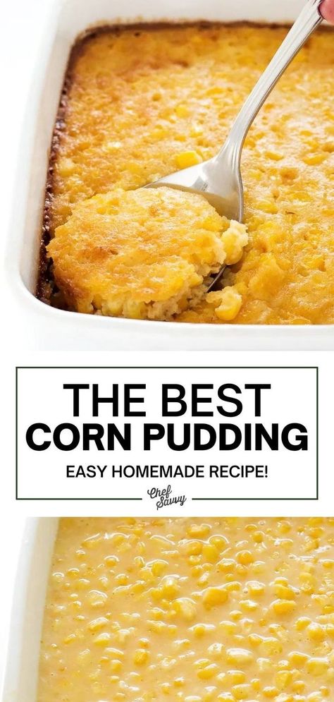 Save this recipe for the best sweet and easy corn pudding recipe! Creamy and Rich Corn Pudding made from scratch with brown butter, heavy cream and corn. No boxed jiffy corn mix or canned corn needed! Follow Chef Savvy for more healthy comfort food! Side Dishes With Heavy Cream, Corn Casserole No Jiffy, Easy Corn Pudding, Canned Corn Recipes, Corn Pudding Casserole, Corn Pudding Recipe, Sweet Corn Casserole, Cornbread Pudding, Sweet Corn Pudding