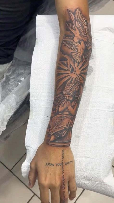 Men’s Tattoo Idea -  #Idea #Mens #Tattoo Men’s Arm Sleeve Tattoos, Tat Sleeve Men, Outer Sleeve Tattoo Men, Men’s Tattoo Sleeve Filler, Aesthetically Pleasing Tattoos, God Grant Me The Serenity Tattoo Forearm, Black Men Arm Tattoos Sleeve, Left Arm Sleeve Tattoo Men, Men Meaningful Tattoo Ideas