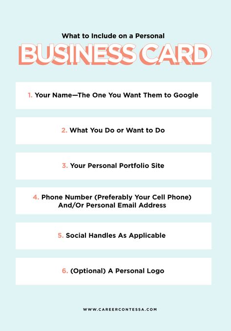 What to Put on a Personal Business Card (+ A Template) | Career Contessa Student Business Cards, Business Cards Template, Examples Of Business Cards, Business Card Stand, Make Business Cards, Business Card Template Psd, Graduate Student, Health Coach Business, Event Card