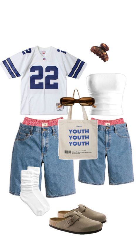 summer fits, jorts, white, blue, jersey Ahs Style, Jorts Y2k, Matching Fits, 90s Theme, Streetwear Clothes, Chill Fits, Blue Jersey, Aesthetic Fits, Summer Fits