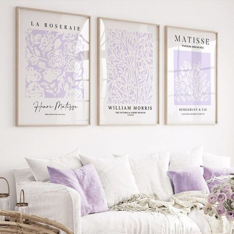 Lilac Purple Prints, Set of 3, Lilac Wall Art, Matisse Poster, William Morris Print, Pastel Wall Art, Living Room Art, Bedroom Prints, Boho Lavender Living Room Decor Ideas, White Room With Purple Accents, Yellow And Lilac Bedroom, Light Purple Wall Art, Purple Living Room Aesthetic, Purple Apartment Aesthetic, Lilac Home Decor, Light Purple Room Aesthetic, Lilac Room Aesthetic