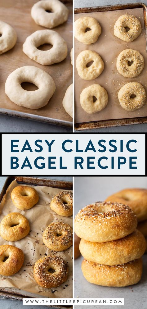 homemade bagels being made and served with text that reads easy classic bagel recipe Recipe For Bagels, Making Bagels At Home, How To Make Bagels Homemade, Chocolate Chip Bagel Recipe, Asiago Bagel Recipe, Asian Bread Recipe, Easy Bagel Recipe, Easy Homemade Bagels, Easy Bagel