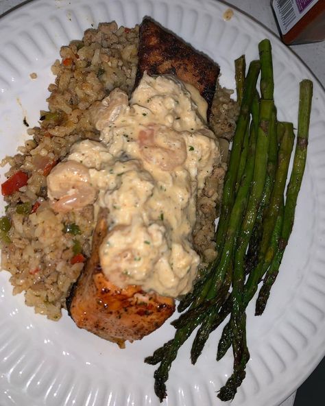 Salmon And Rice Dinner, Seafood Cravings, Crab Sauce, Creamy Shrimp, Blackened Salmon, Salmon And Shrimp, Dirty Rice, Choppy Bangs, Shrimp And Asparagus