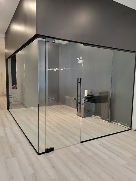 Interior Glass Doors, Walls, & Offices | Creative Mirror & Shower Glass Walled Office, Glass Walls In House, Home Office Glass Wall, Glass Door Office, Glass Wall Office, Glass Doors Interior, Meeting Room, Glass Wall, Doors Interior