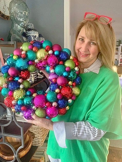 This multi-colored ornament ball wreath display a multi-colored Christmas color scheme. Christmas Theme Ideas, Wreath Display, Buffalo Plaid Pillows, Christmas Colour Schemes, Best Color Schemes, Ball Wreath, Color Scheme Ideas, Ornaments Christmas Tree, Christmas Greenery