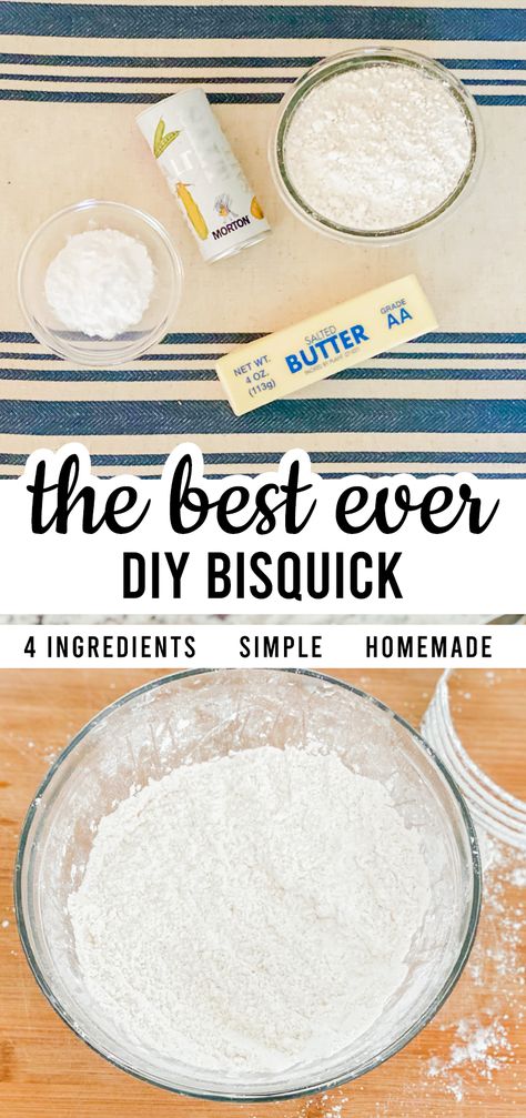 This is our Homemade Bisquick that is so easy to make! Only 4 ingredients and it's ready to add to any recipe you have! Use for breakfast, lunches, or dinners! Easy and from scratch too! Bisquick Homemade Recipe, Diy Bisquick Mix How To Make, Diy Bisquick Small Batch, Copycat Bisquick Mix Recipe, How To Replace Bisquick, Healthy Bisquick Substitute, Bisquick From Scratch, Homemade Gluten Free Bisquick, Homemade Bisquick Recipe Small Batch