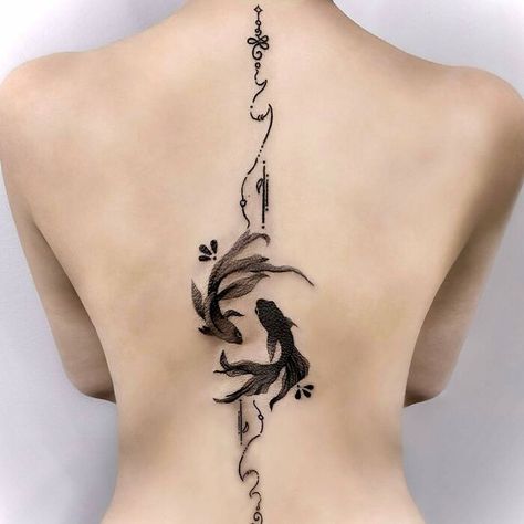 Coy Fish Tattoos, Girl Spine Tattoos, Back Tattoo Women Spine, Beautiful Back Tattoos, Feminine Back Tattoos, Tattoo Ideas Inspiration, Floral Back Tattoos, Tattoo Japanese Style, Flower Spine Tattoos