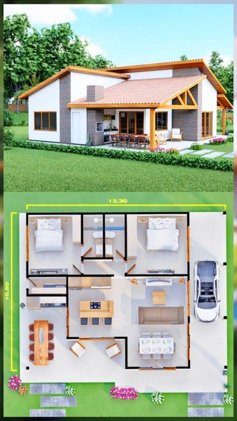 Casa de campo campo com 2 quartos, 2 banheiros, 1 suíte, sala de estar, sala de jantar, cozinha e área de serviço. Modern Bungalow House Plans, Small House Blueprints, Pool House Plans, Affordable House Plans, A Frame House Plans, Modern Bungalow House, Building House Plans Designs, Building Plans House, House Design Pictures