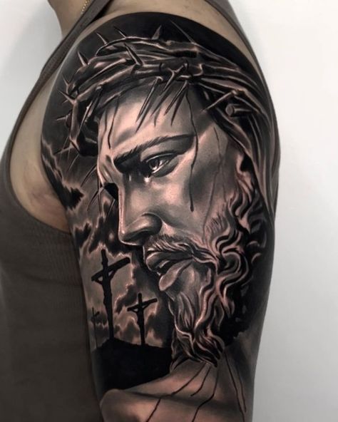 Tattoo work done with EM149 Tattoo work from USA on Instagram: @chacon_tattoos @stigma_tattoo_supply Jesus Tattoo Sleeve, Holy Tattoos, Lion Shoulder Tattoo, Jesus Christ Tattoo, Jesus Tattoo Design, Medusa Tattoo Design, Bible Artwork, Christ Tattoo, Religious Tattoo