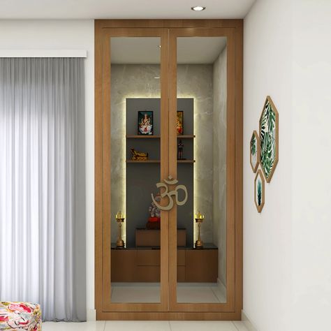 Pooja Wardrobe Design, Pooja Room Design Small Spaces, Small Pooja Room Ideas, Puja Room Door, Mandir Door Design, Pooja Shelf, Navkar Mantra, Pooja Area, Pooja Room Doors