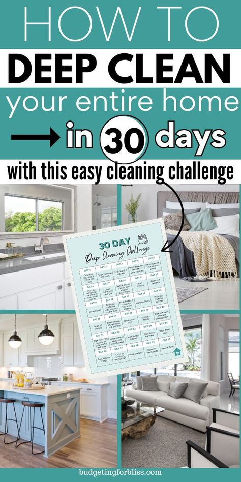 Could your home use a good deep clean? Use this easy 30-Day Deep Clean Challenge to have your home sparkling clean in just 30 days. Includes a free deep cleaning checklist to keep you motivated. This cleaning challenge is perfect when you want to split up your deep cleaning into smaller tasks. Find deep cleaning tips, that are perfect for busy moms. How To Start Clean Living, Year Cleaning List, Deep Clean Schedule Home, How To Clean A Filthy House, Things To Deep Clean In Your House, When To Clean Everything House, Home Deep Cleaning Schedule, House Deep Cleaning Schedule, Yearly Deep Cleaning Schedule