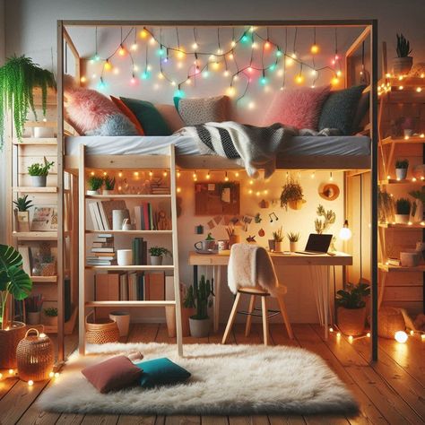 15 Loft Bed Ideas for a Modern and Cozy Look Loft Bed With Office Underneath, Fun Loft Beds For Kids, Loft Bed With Hanging Chair Under, Teenage Loft Bed, Loft Bedroom Ideas For Kids, Loft Beds For Girls Room, Diy Loft Beds For Small Rooms, Girls Loft Bedroom Ideas, Under Loft Bed Ideas Teenager