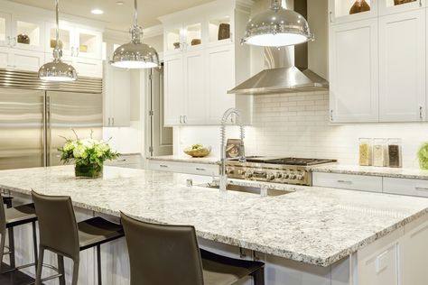 Granite countertops are beautiful. All those colors and patterns, exceptional durability, ease of maintenance, and a luxury feel that they add to kitchens, make them a timeless solution for countertop design.   #granite #naturalstone #granitecountertop #granitekitchen #kitchendesign #interiordesign #whitegranite #interiorstyling #interiorstyle #kitchendecor #homedecor #kitchendesignideas #interiordesignideas #homedecorideas #designthinking #kitchenideas #kitcheninspiration #kitchenstyle Master Bath Chandelier, Bath Chandelier, Granite Countertops Colors, House Makeovers, Natural Beauty Hacks, Countertop Ideas, Kitchen Lighting Ideas, Kitchen Refresh, Quartz Kitchen