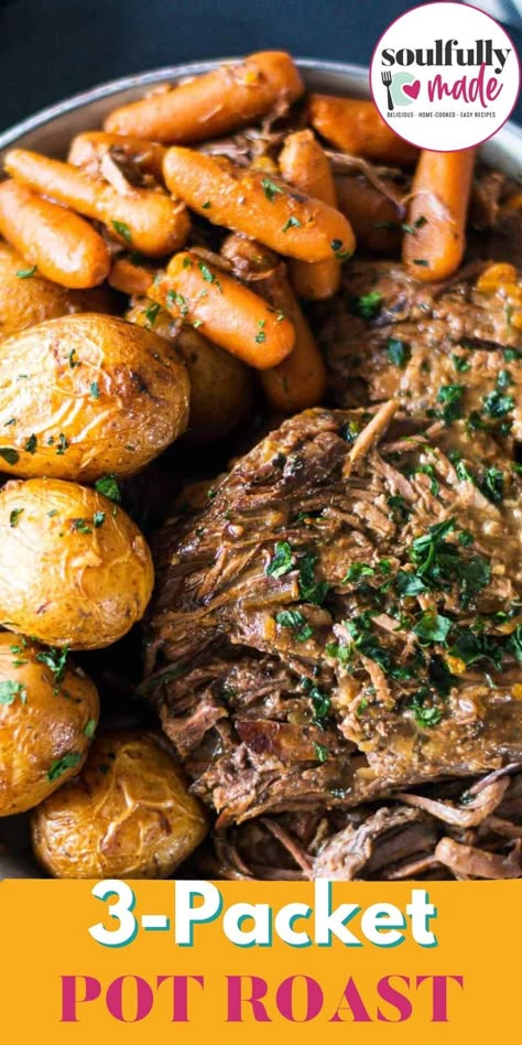 This 3-Packet Pot Roast with gravy is tender, flavorful, and super easy to make. It's a set it and forget it meal the whole family will love. Best Pot Roast Crock Pot Recipes With Gravy, Pot Roast With Gravy Packet, Three Envelope Pot Roast, Crockpot Recipes With Onion Soup Packet, Pot Roast With Brown Gravy Packet, Set It And Forget It Meals, Three Packet Pot Roast, Pot Roast With Lipton Onion Soup, 3 Packet Pot Roast Slow Cooker