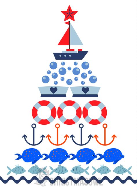 Free printable Christmas card featuring a nautical "Christmas tree." Download it at https://christmasowl.com/download/christmas-card/nautical/ Christmas Pirate, Christmas Sailboat, Coastal Christmas Cards, Stitched Christmas Tree Cards, Fish Christmas Card, Nautical Christmas Zazzle, Sailor Christmas, Nautical Christmas Cards, Marine Christmas