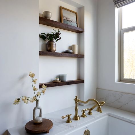 Bear Fence Shelves Above Bathtub, Niche Shelves, Bathtub Shelf, Drop In Bathtub, Bathtub Decor, Primary Suite, Boutique Interior Design, Wood Floating Shelves, Boutique Interior