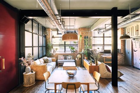 An Industrial Warehouse Apartment in London 6 Industrial Apartment Design, Victorian Industrial, Reclaimed Oak Flooring, Warehouse Apartment, Home Office Set Up, Blue Painted Walls, Industrial Room, Metal Beam, Industrial Apartment