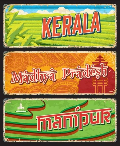 Kerala, Madhya Pradesh and Manipur states of India Manipur State, Vector Game, States Of India, India India, Tree Saw, Madhya Pradesh, Cityscape Photos, Logo Banners, Nature Backgrounds