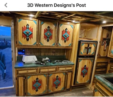 Fifthwheel Remodel, Aboriginal Decor, Aztec Furniture, Western House Ideas, Western Camper, Bus Decor, Southwest Interior, Southwest Kitchen, Vintage Trailer Interior