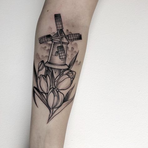 Windmill And Tulips Tattoo, Netherlands Tattoo Ideas, Dutch Tattoo Ideas, Netherlands Tattoo, Windmill Tattoo, Holiday Tattoo, Dutch Tattoo, Rat Tattoo, Amsterdam Tattoo