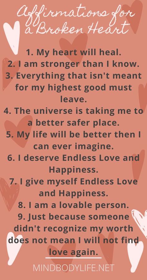 AFFIRMATIONS FOR A BROKEN HEART. LOVE AND RELATIONSHIPS. MANIFESTATION. LAW OF ATTRACTION. MINDSET. The use of Affirmations Daily has helped me overcome many loves lost, break ups and obstacles I’ve had. Gently reminding ourselves daily of our worth and journey to healing a broken heart is a must and we deserve it. Here are my Top 20 Affirmations for a Broken Heart. #affirmations #brokenheart #manifestation #lawofattraction #mindset #love #relationships #loveandrelationships #breakup How To Be Single, Healing Affirmations, Healing Heart, Broken Hearts, Daily Positive Affirmations, Law Of Attraction Affirmations, Self Love Affirmations, Positive Self Affirmations, Love Affirmations