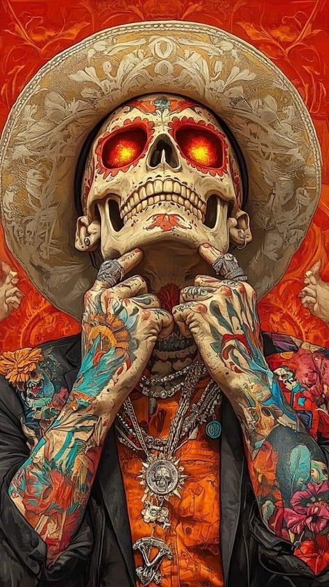 Gustavo Rimada Art, Day Of The Dead Skull Design, Mexican Skeleton Tattoo, Mexican Sugar Skull Art Beautiful, Calaveras Aesthetic, Chicano Wallpaper, Mexican Skull Art, Mexican Skull Tattoos, Mexican Graphic Design