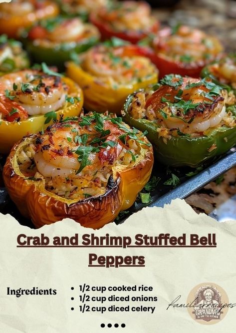 Shrimp Stuffed Bell Peppers, Shrimp Stuffed Peppers, Cooking Crab, Crab And Shrimp, Shrimp Stuffed, Seafood Dish Recipes, Pescetarian Recipes, Delicious Seafood Recipes, Shrimp Recipes For Dinner