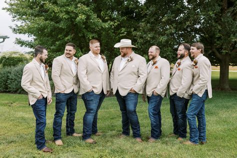 Blazer With Jeans Mens Wedding, Terracotta Wedding Groomsmen Jeans, Boots And Jeans Groomsmen, Tan Jacket And Jeans Groomsmen, Jeans And Sport Coat Mens Wedding, Groomsmen Boots And Jeans, Tan Sports Coat Outfit Men, Jeans Groomsmen, Groomsmen Cowboy Boots