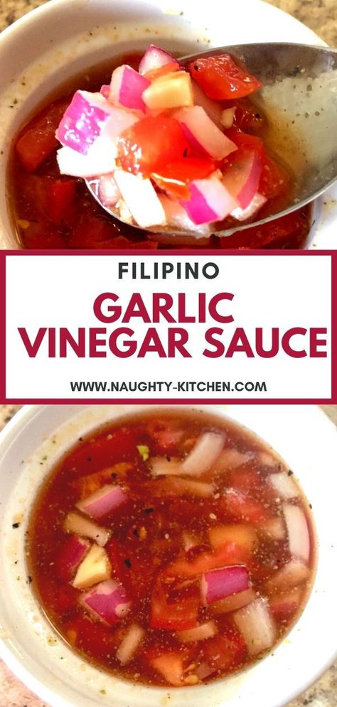 A healthier tangy sauce that is lower in sodium to accompany any Filipino Dish or any meal!  Try this Filipino Garlic Vinegar Sauce (Sawsawan) #naughtykitchen #filipinosauce #filipinovinegarsauce #vinegarsauce #vinegarsoysauce #lowsodiumsauce #healthyvinegarsauce #garlicvinegarsauce #recipeswithapplecidervinegar #applecidervinegar @naughtykitchen Vinegar Sauce, Vinegar Dipping Sauce, Garlic Vinegar, Filipino Sauce, Filipino Sawsawan Recipe, Filipino Bbq Sauce Recipe, Soy Sauce Vinegar Dipping Sauce, Filipino Dipping Sauce Vinegar, Homemade Chili Garlic Sauce (huy Fong Brand Copycat)