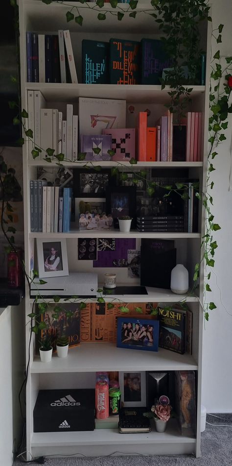 Big Shelf Decor Bedroom Ideas, Kpop Album Shelves, Kpop Album Setup, Kpop Album Bookshelf, Kpop Album Shelf Aesthetic, Kpop Album Storage Ideas, Album Storage Ideas, Shelf Inspo Aesthetic, Kpop Album Shelf Ideas