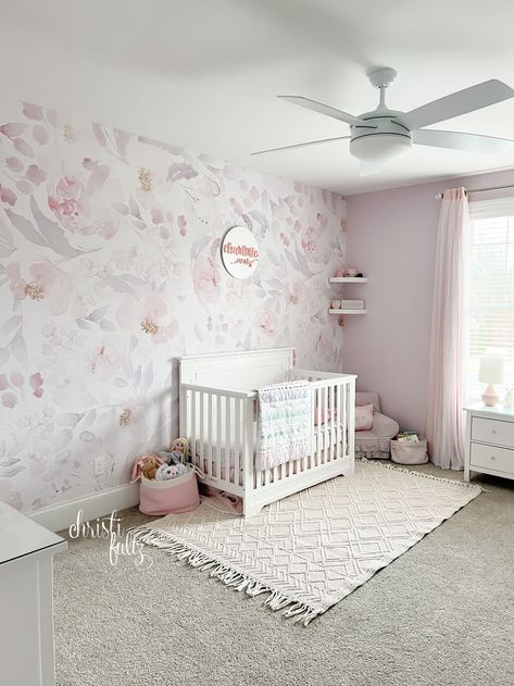 DIY Floral Removable Wallpaper: From Nursery To Big Girl Room - Completely Christi Blush Floral Nursery, Pink Floral Nursery, Girl Nursery Wallpaper, Girls Bedroom Wallpaper, Girls Room Wallpaper, Big Girl Bedrooms, Nursery Closet, Nursery Room Design