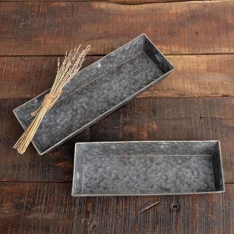 Amazon.com: Primitives by Kathy Galvanized Rectangular Trays, Set of Two: Home & Kitchen Western Kitchen Decor, Metal Trough, Galvanized Tray, Western Kitchen, Metal Serving Trays, Ottoman Tray, Metal Tray, Primitives By Kathy, Wood Handles