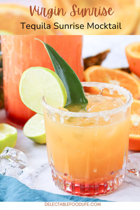 glass of tequila sunrise mocktail Virgin Tequila Sunrise, Mocktail Easy, Sunrise Mocktail, Simple Mocktail, Tequila Sunrise Recipe, Mocktail Party, Grenadine Syrup, Orange Simple Syrup, Easy Mocktail Recipes