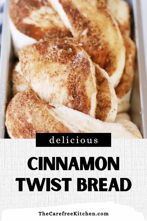 This Cinnamon Twist Bread is soft, tender and lightly sweetened with a swirl of cinnamon and brown sugar running throughout. It’s just as delicious as it is beautiful, and easy to make no matter what your bread-making skill level is at. #thecarefreekitchen #bread #cinnamonbread #twistbread #cinnamontwist #cinnamonswirl Overnight Cinnamon Bread, Homemade Cinnamon Bread With Yeast, Twisted Cinnamon Bread, Brown Sugar Cinnamon Bread, Cinnamon Twist Loaf, Homemade Cinnamon Swirl Bread, Easy Cinnamon Loaf, Cinnamon Twist Bread, Cinnamon Bread Machine