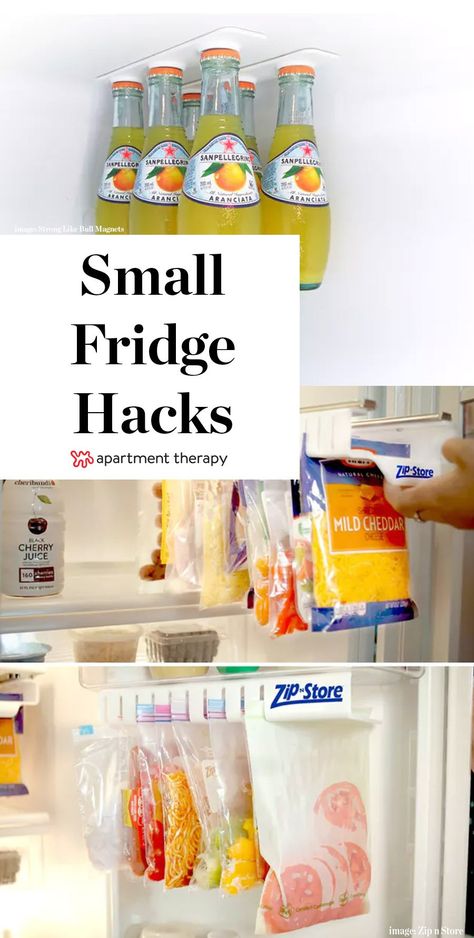 Make Your Tiny Fridge Feel Twice as Big: 11 Brilliant Hacks | Here's how you make a tiny fridge bigger: You don't need magic or borderline-psychic Craigslist sense, you just need some clever hack-y solutions. Here are eleven tricks collected from Pinterest and across the web—each one hand-picked to make the most of your limited refrigerator and freezer space. Tiny Fridge, Small Fridge, Airstream Interior, Camper Organization, Camper Hacks, Rv Organization, Travel Trailer Camping, Camper Storage, Rv Kitchen