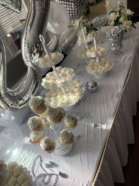 more details of the dessert table 21st Dessert Table, Silver And White Dessert Table, Silver 21st Birthday Decorations, Disco Dessert Table, Silver Quince, Party Snack Table, White Dessert Tables, Gold Theme Party, Desert Party