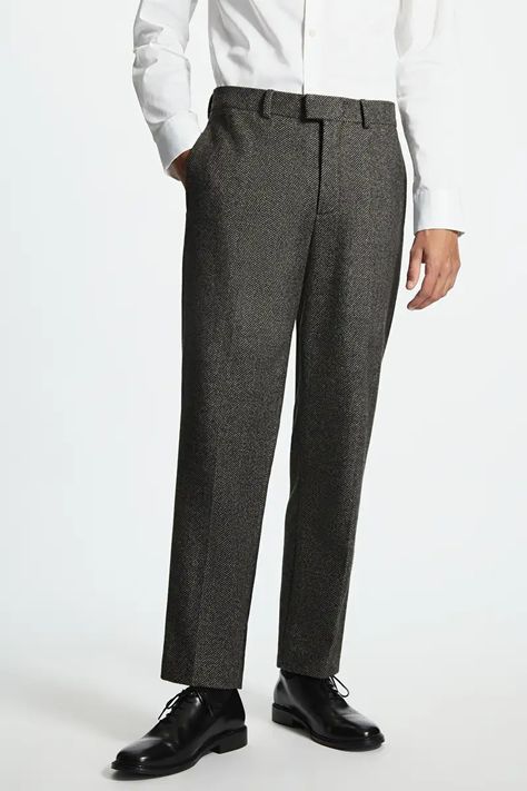 RELAXED-FIT STRAIGHT-LEG HERRINGBONE WOOL TROUSERS - GREY - COS Suit Trousers, Wool Trousers, Suit Pants, Wool Pants, Straight Leg Trousers, Trouser Suits, Mens Trousers, Straight Leg Pants, Men's Pants