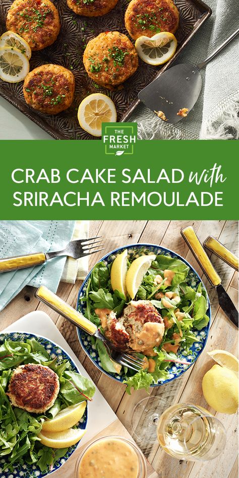 Crab Cake Arugula Salad, Crab Cakes And Salad, Salad With Crab Cakes, Crab Cake Salad Recipe, Crab Cake Salad, Fish Appetizers, Baked Salmon And Asparagus, Fish Batter Recipe, Homemade Pesto Sauce