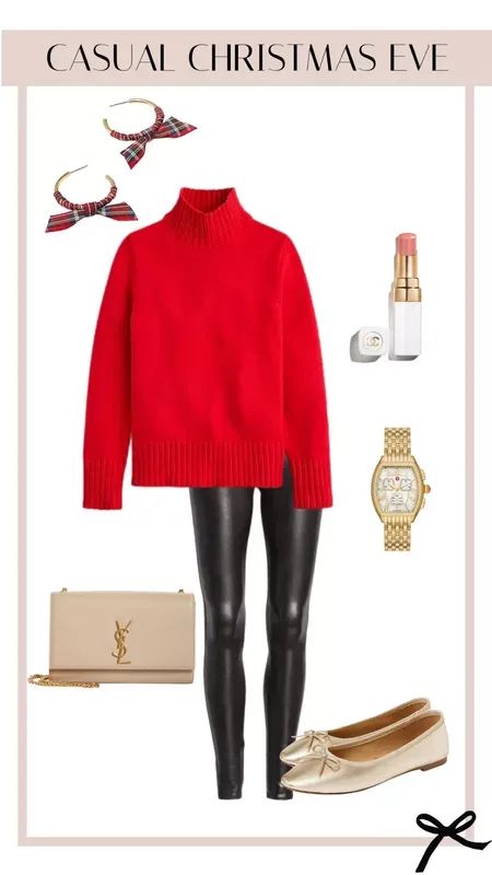 Christmas Event Outfit Casual, Christmas Outfit With Leggings, Leather Leggings Outfit Christmas, Red Christmas Sweater Outfit, Business Casual Christmas Outfit, Red Turtle Neck Outfit, Casual Christmas Eve Outfit, Christmas Eve Outfit Women, Christmas Eve Outfits Casual